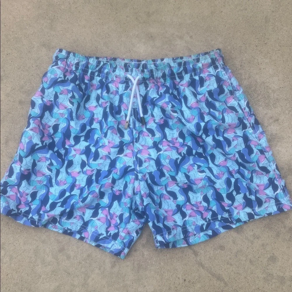 98 Coast Av. Men's Blue Pink Toucan Bird Design Lined Swim Trunks Size L